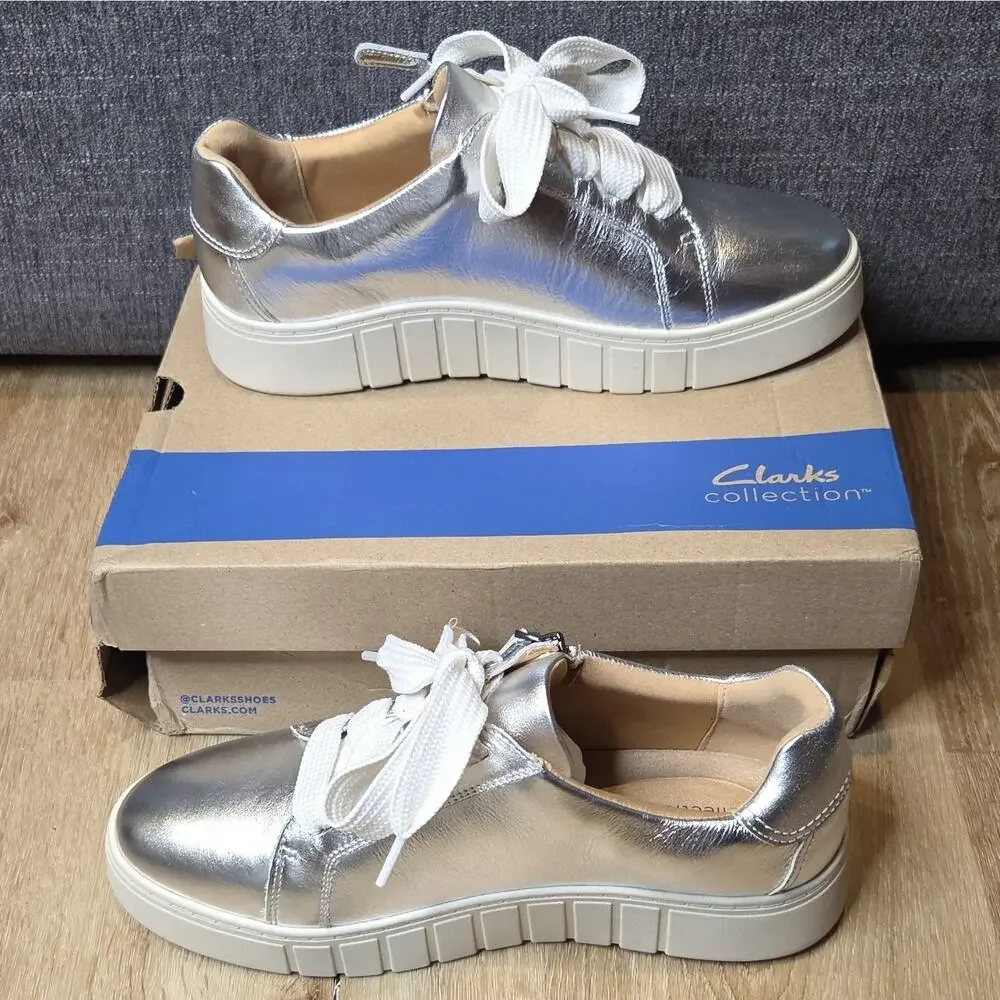 Clarks Mykah Joy Silver/White Leather Comfort Sneaker Women's 11 W EU 42.5